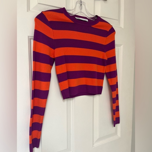 Zara Striped Cropped Knit Sweater M Purple & Orange - Picture 3 of 10